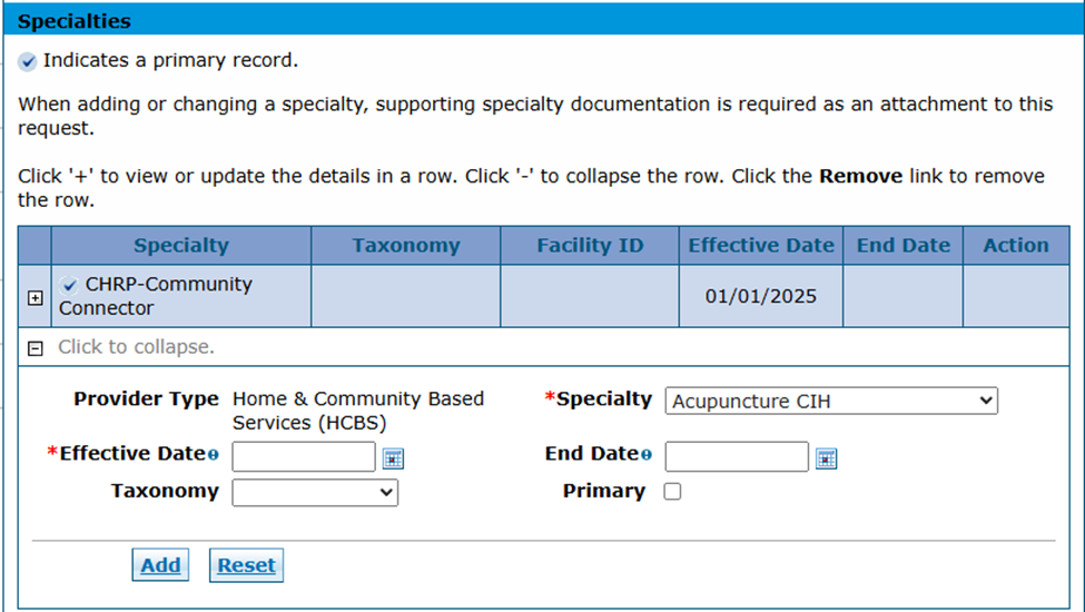 no facility ID entry for certain specialties