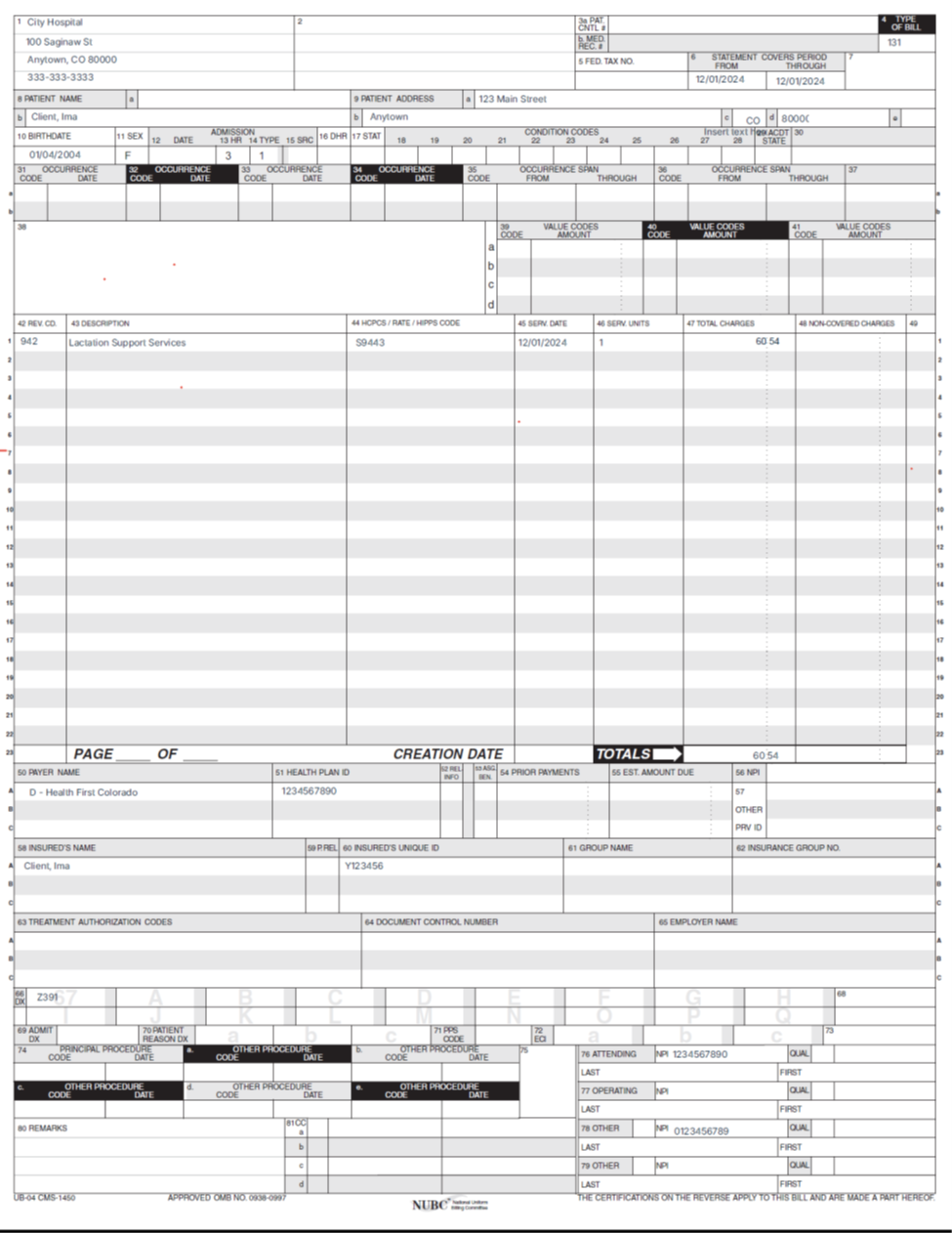 Example of lactation claim on form UB-04