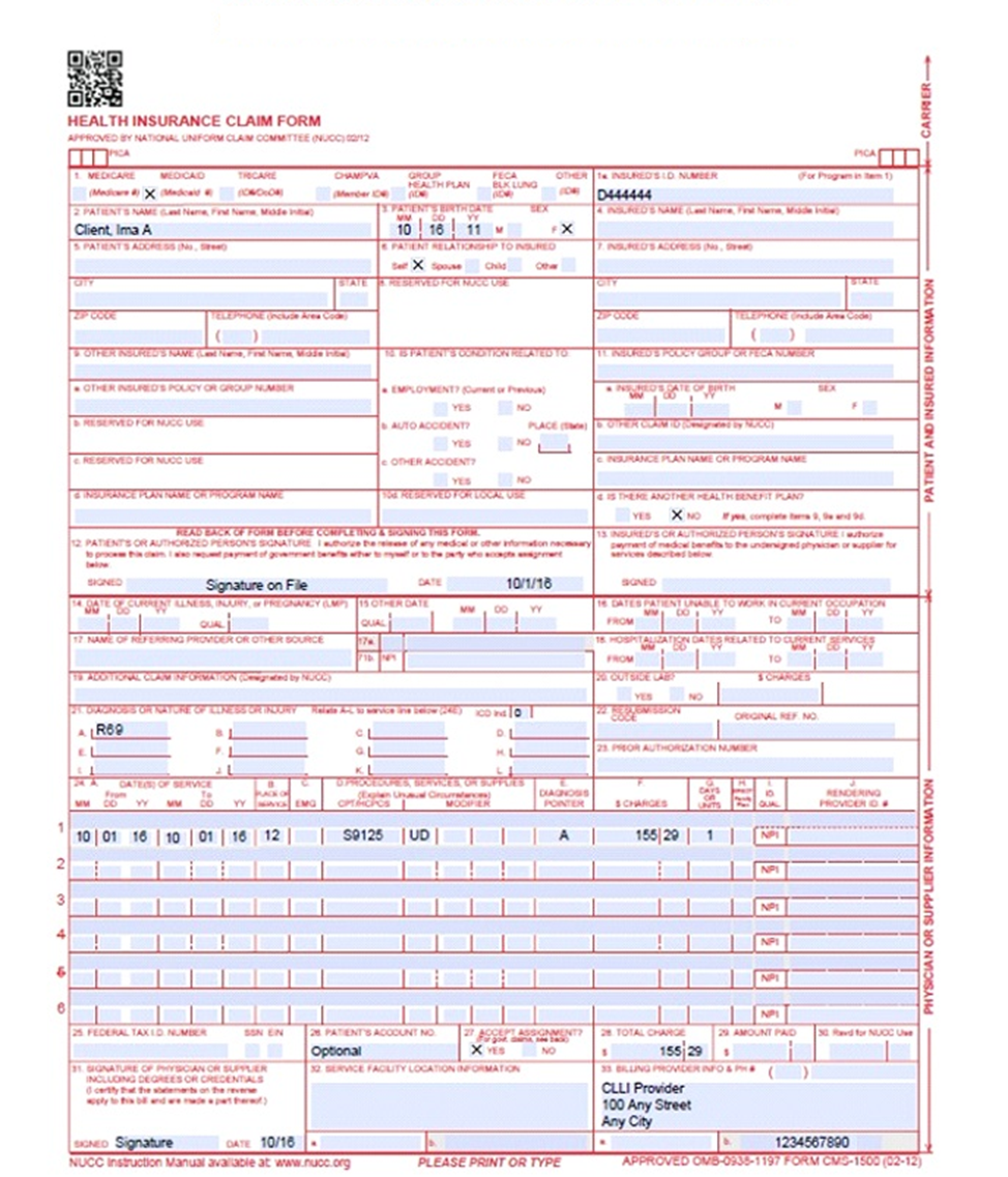 CMS 1500 HCBS-CwCHN Claim Example