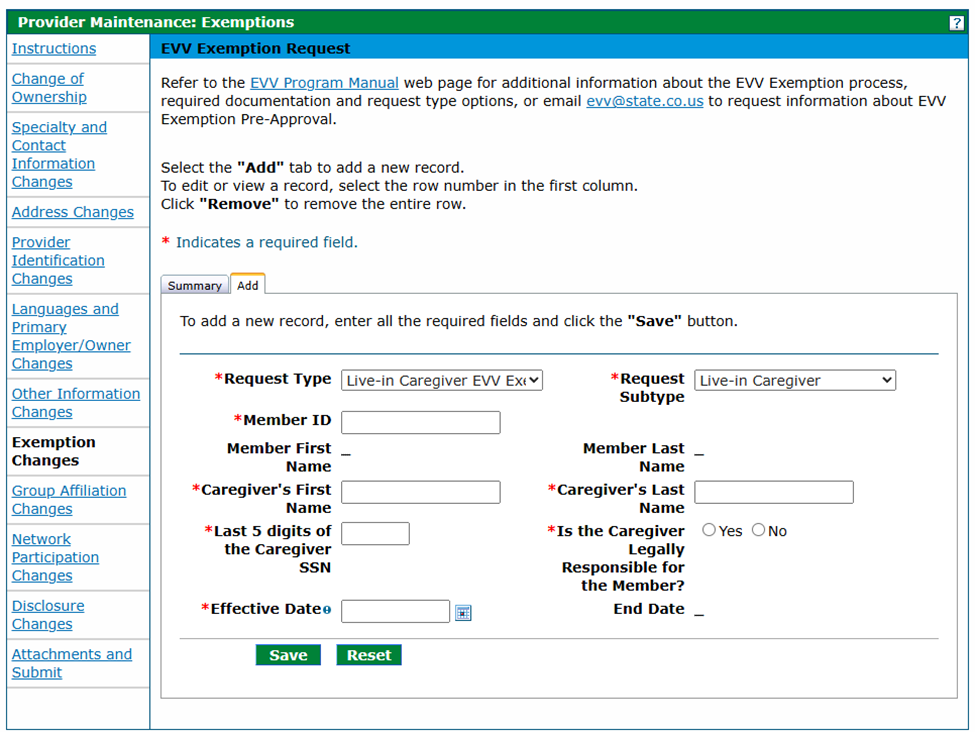 Screenshot of EVV Exemption Request Exemption Changes page for Add tab