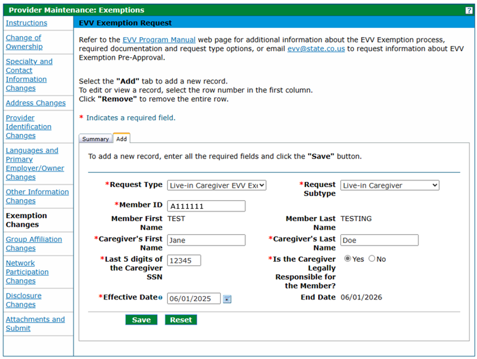 Exemptions panel - Live-In Caregiver Request Type after required data is entered