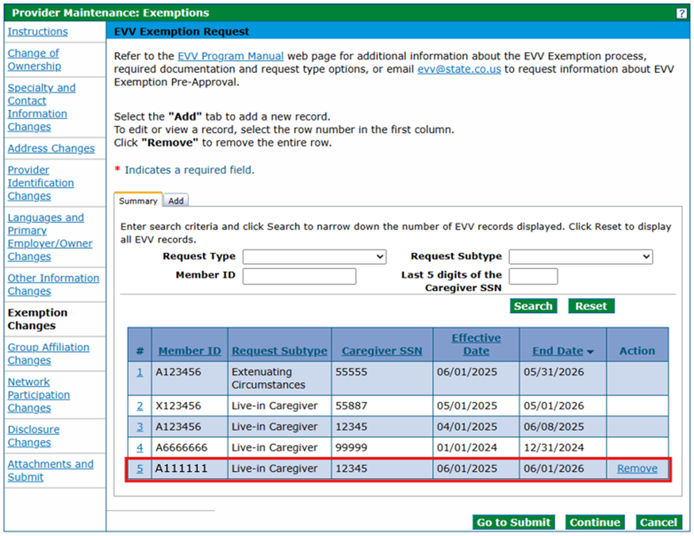 Exemptions panel - Live-In Caregiver Request Type after required data is entered