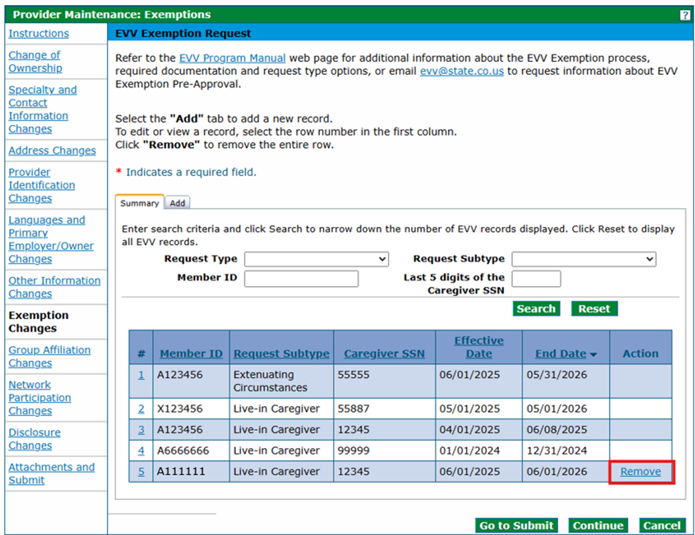 Exemptions panel - Live-In Caregiver Request Type after required data is entered