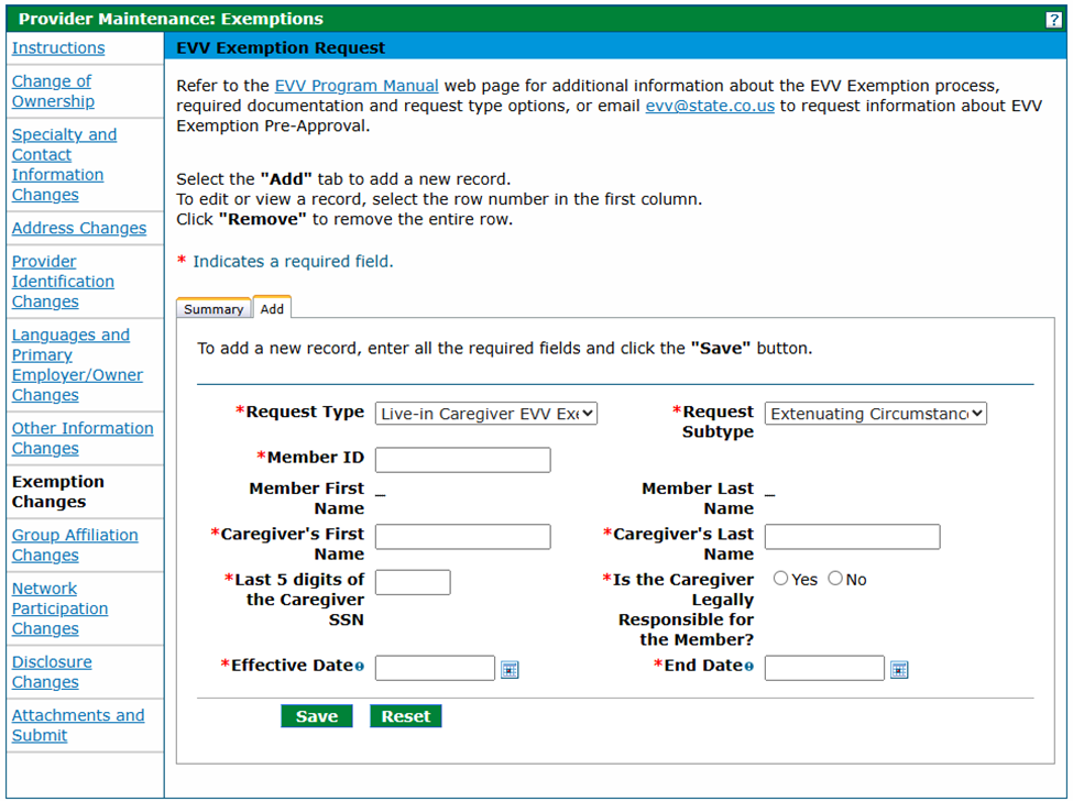 Exemptions panel - Live-In Caregiver Request Type after required data is entered