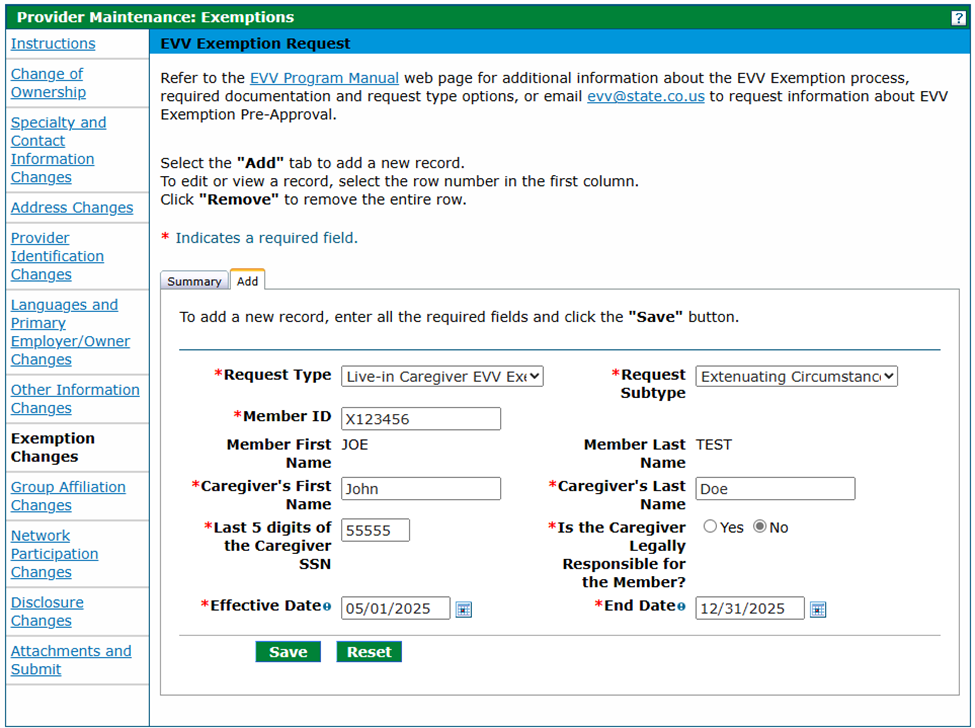Exemptions panel - Live-In Caregiver Request Type after required data is entered