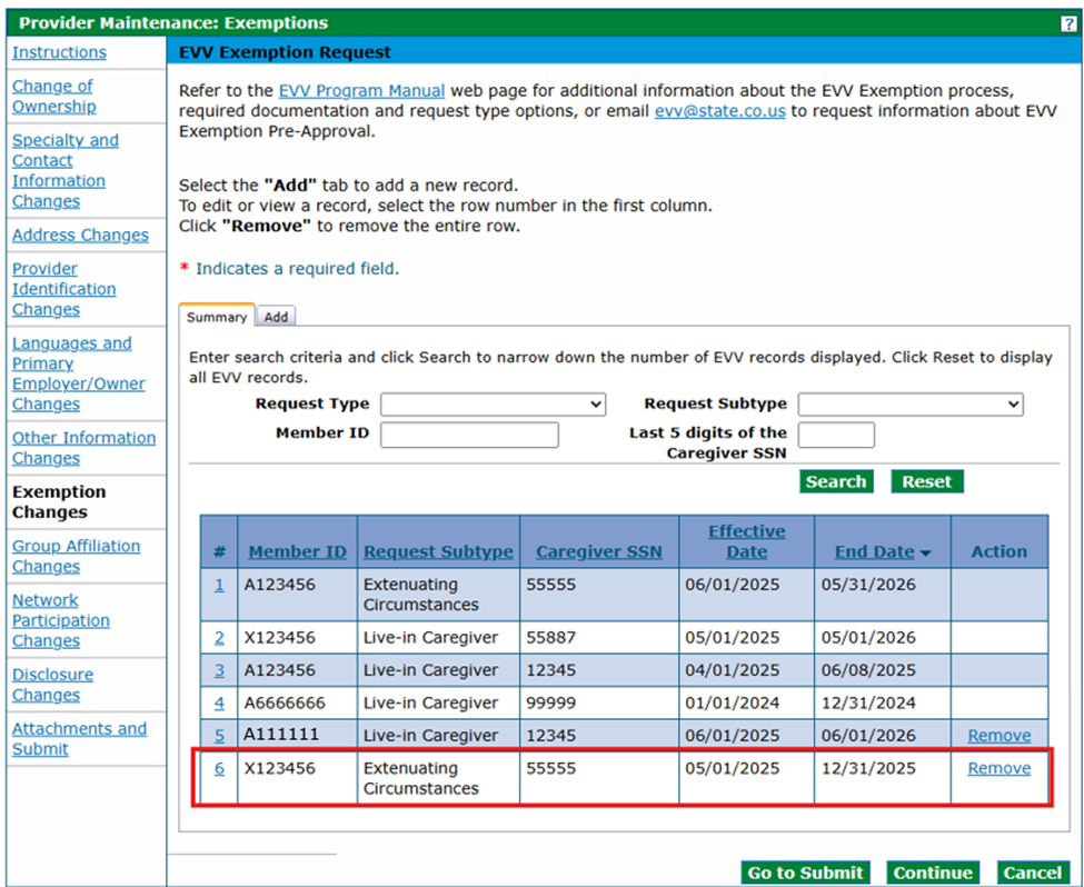 Exemptions panel - after adding the Extenuating Circumstances request type to a row in the list