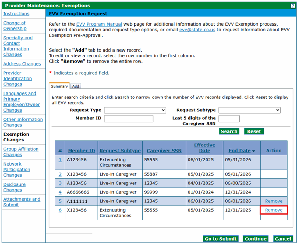Exemptions panel - after adding the request type to a row in the list, there is a Remove option under Action column