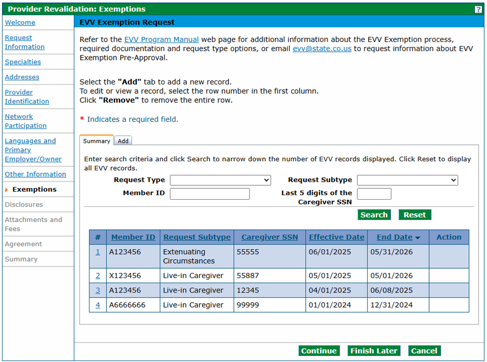 Exemptions panel - Live-In Caregiver Request Type after required data is entered