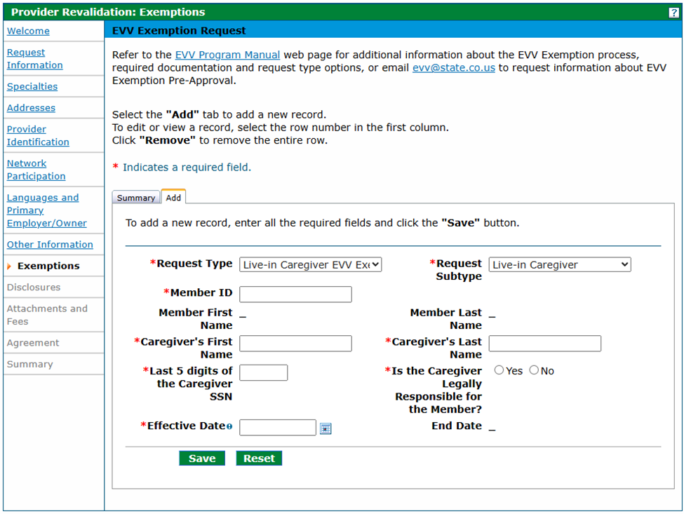 Exemptions panel - Live-In Caregiver Request Type
