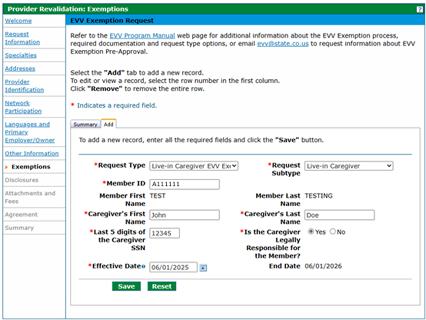 EVV Exemption Request Exemption panel