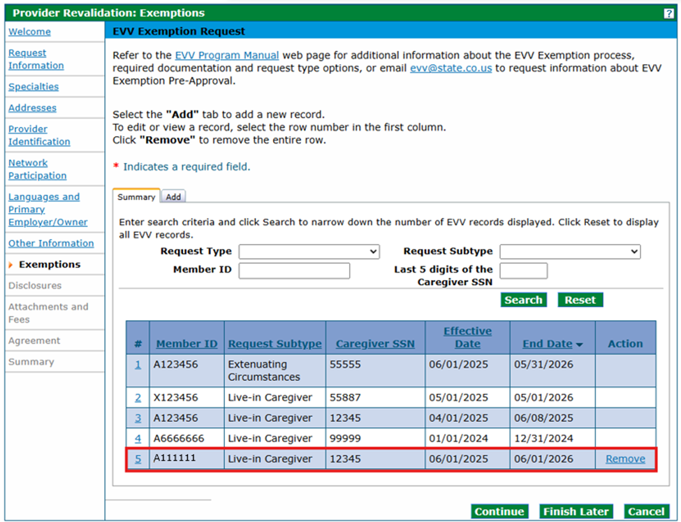 EVV Exemption Request Exemption panel