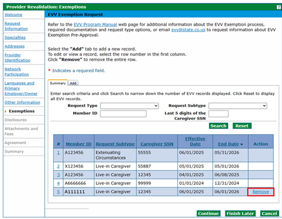 Exemptions panel - Live-In Caregiver Request Type after required data is entered