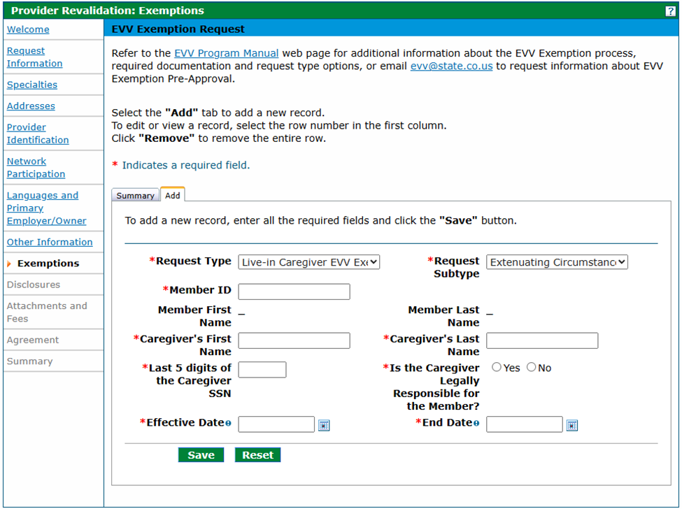 Exemptions panel - Extenuating Circumstances Request Type