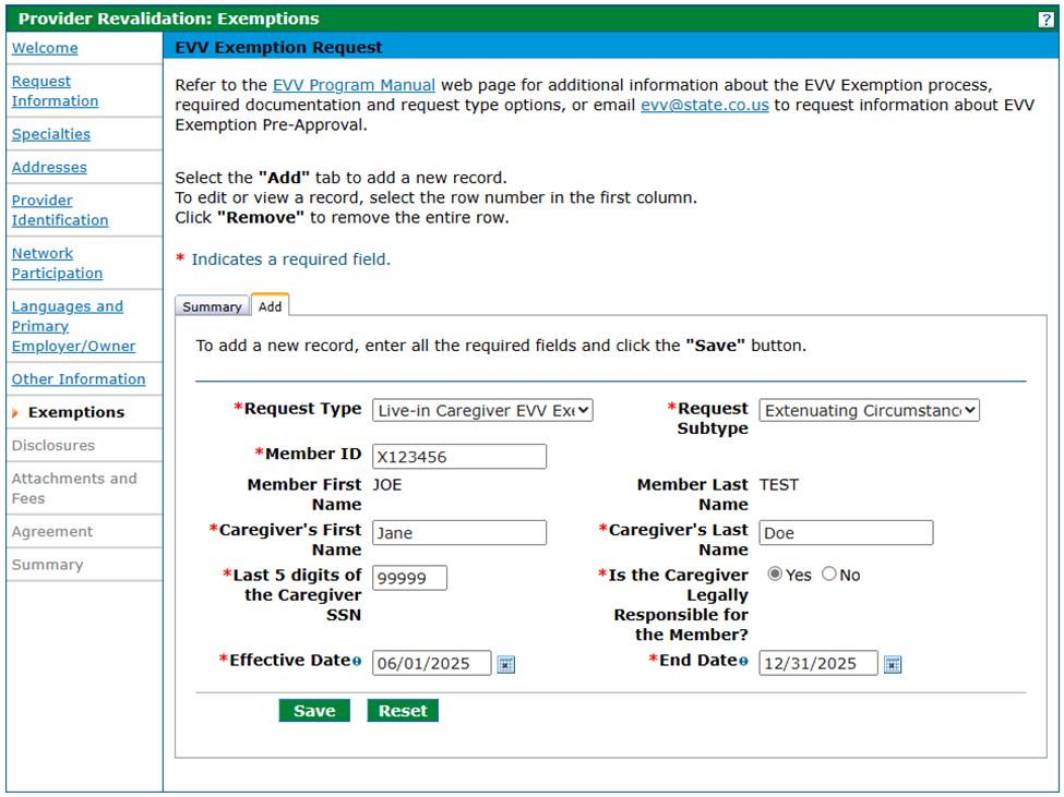 Exemptions panel - Live-In Caregiver Request Type after required data is entered