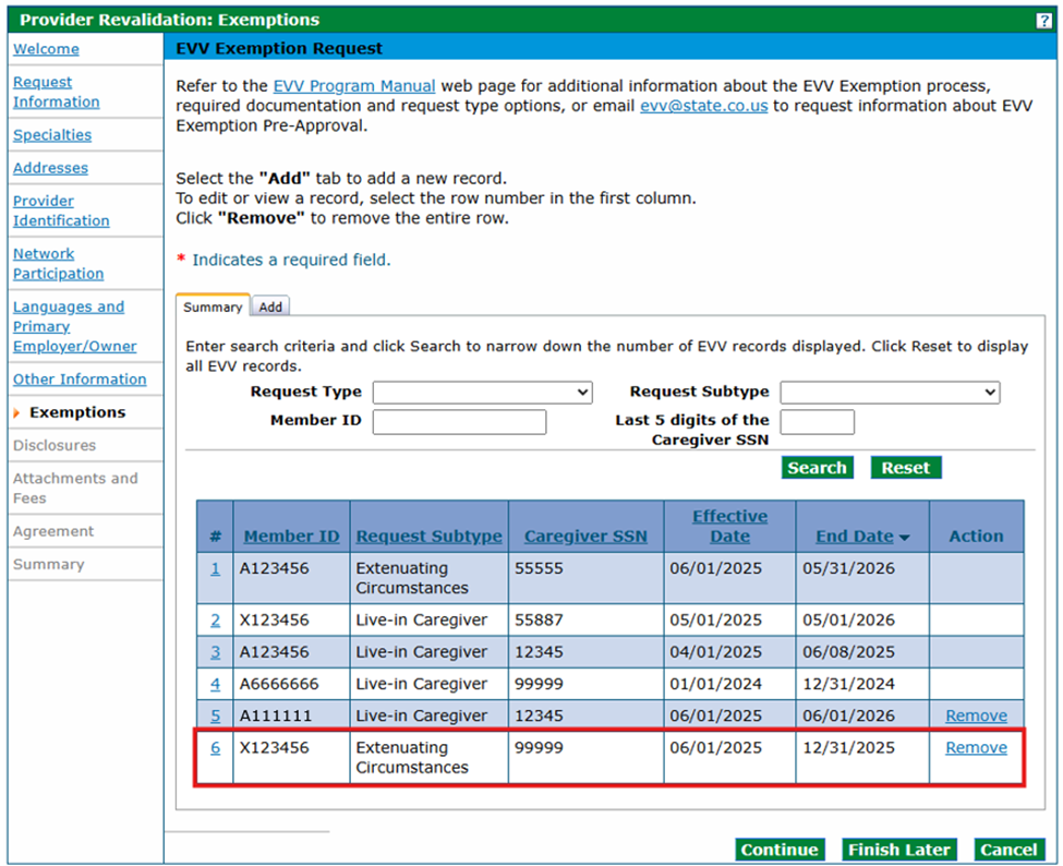 Exemptions panel - after adding the Extenuating Circumstances request type to a row in the list