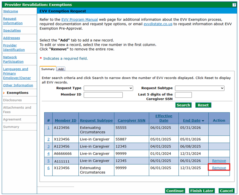 Exemptions panel - after adding the request type to a row in the list, there is a Remove option under Action column