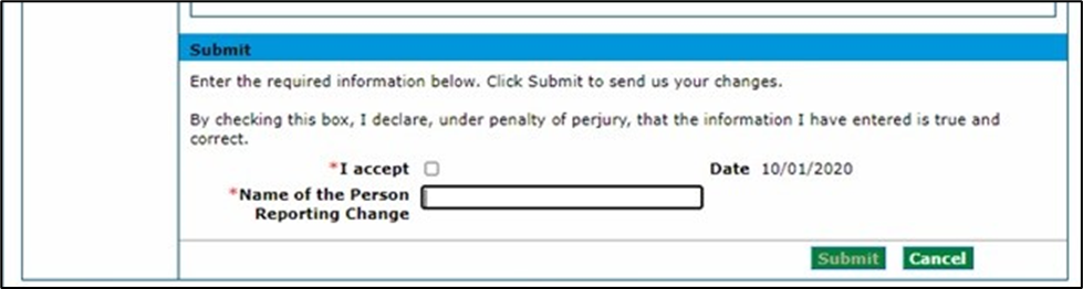 Submit section showing the I accept checkbox and Name of the Person Reporting Change field