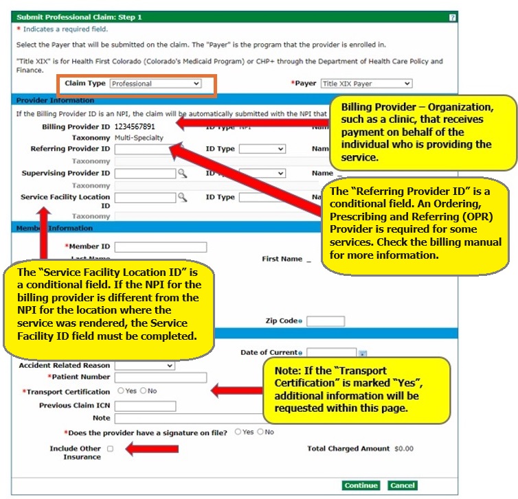 submit professional claim step 1 panel screenshot with arrows and descriptors Billing Provider, Referring Provider ID, Service Facility Location ID, and transport certification field