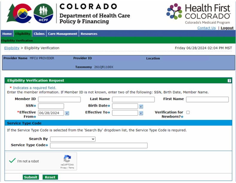 Screenshot of Eligibility Verification panel showing search types and CAPTCHA