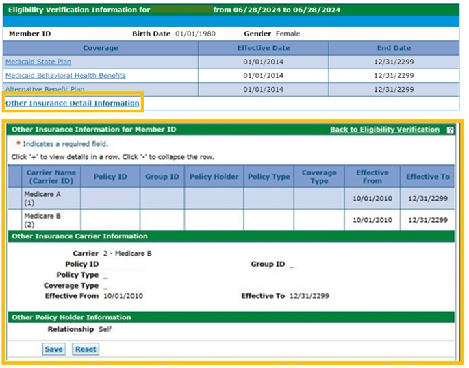 top part of image: screenshot showing coverage types with Other Insurance Detail Information circled. Bottom part of image displays results from clicking Other Insurance Detail Information.