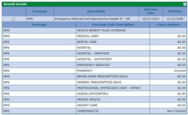 Screenshot showing Emergency Medicaid Services benefit
