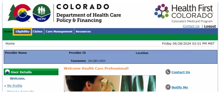 Screenshot of Welcome panel with the Eligibility tab circled