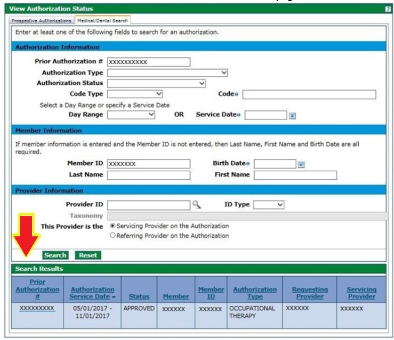 viewing the prior authorization search results