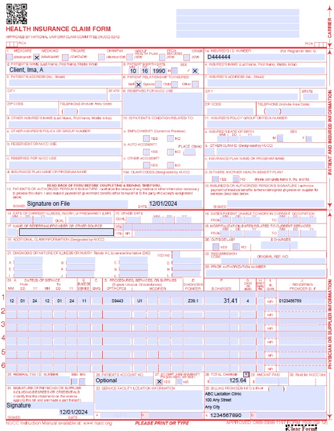 example of a lactation claim on form CMS 1500