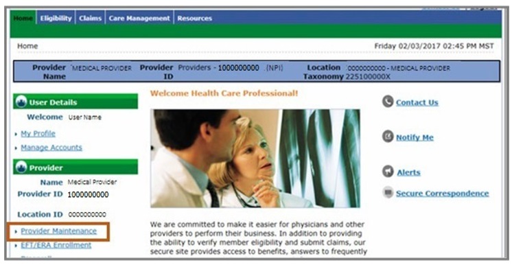 screenshot of web portal landing page with Provider Maintenance highlighted