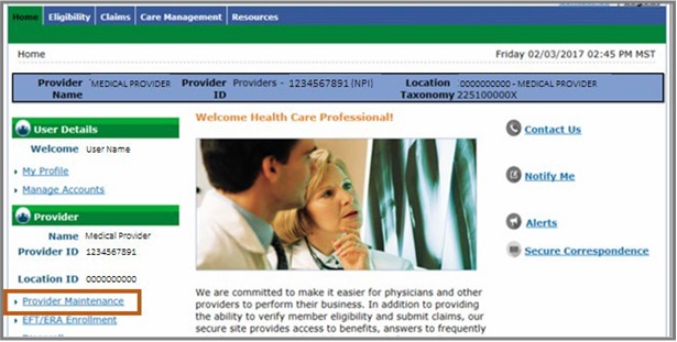provider maintenance link on homepage