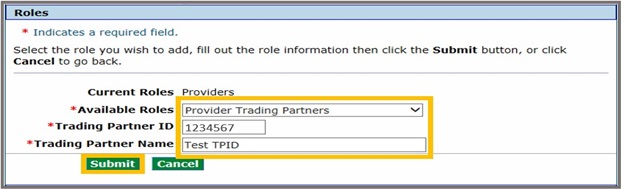choose Provider Trading Partner, TPID, name, and submit