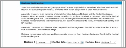 Screenshot of Medicare participation information