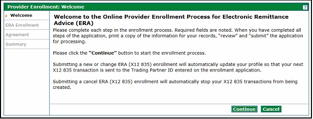 Provider enrollment welcome page click continue