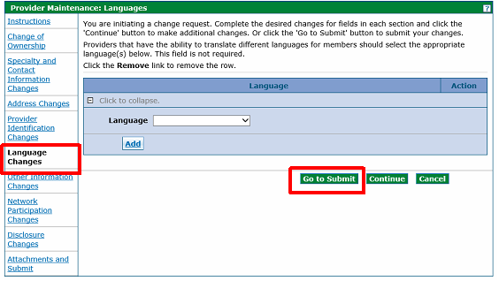 example showing how to update language changes and submitting